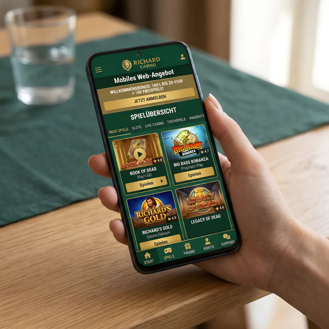 Richard Casino App - mobile Webversion auf dem Smartphone mit Spieluebersicht