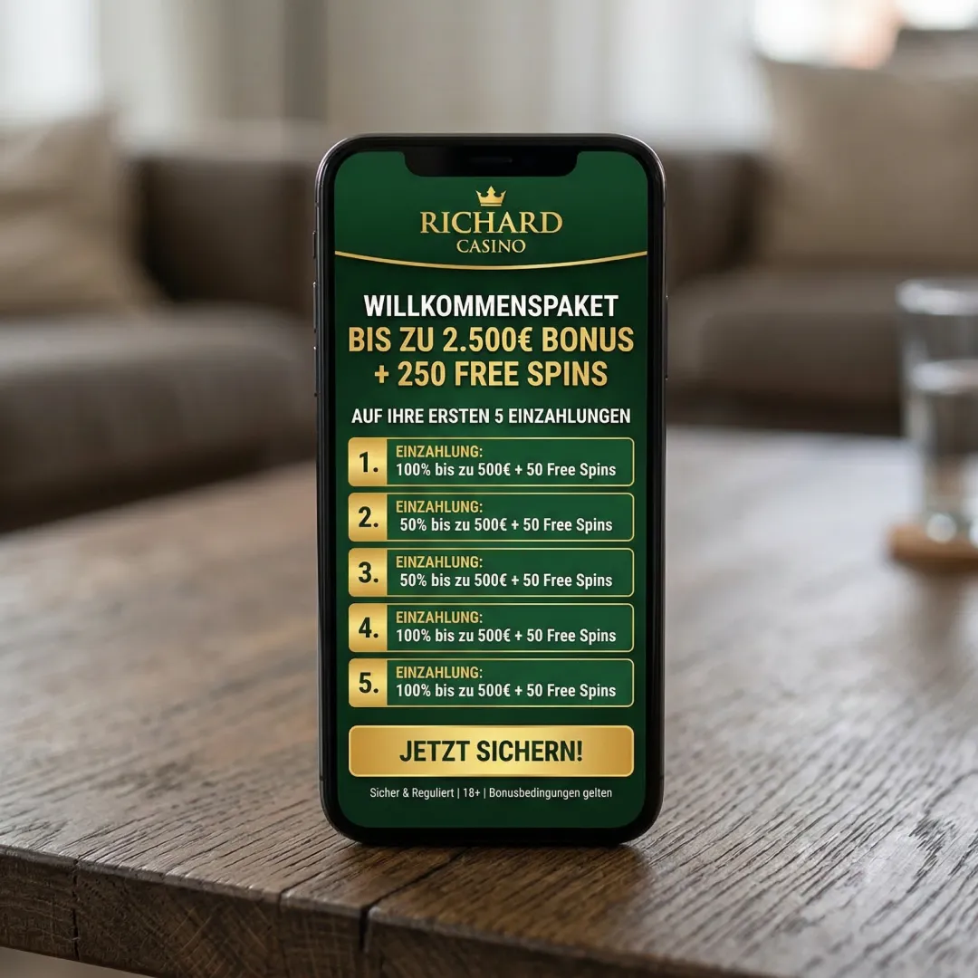 Richard Casino Bonus - Willkommenspaket mit fuenf Einzahlungsstufen und Free Spins