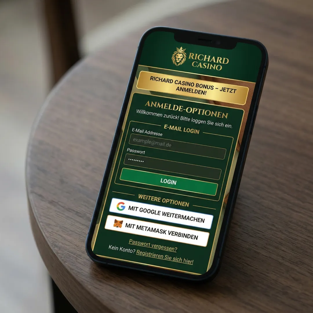 Richard Casino Login - Anmeldeseite mit E-Mail-, Google- und MetaMask-Optionen